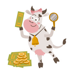 A cheerful cartoon cow on its hind legs with a magnifying glass checks the authenticity of money with a bell on its neck and a bow on its head. Wealth, finance - vector flat illustration for design