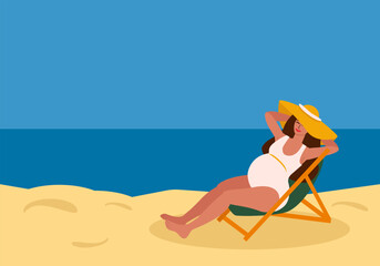 Young pregnant woman in swimsuit and straw hat relaxing in sun lounger by the sea - vector color flat illustration for banners, cards, posters, flyers