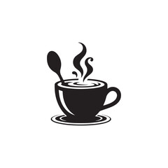 Hot Drink in a Cup, Perfect for Cafe or Restaurant Branding.A stylized, black and white graphic of a hot beverage, likely coffee or tea, in a cup with a spoon.