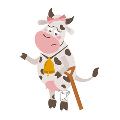 Sad cartoon cow standing on hind legs with a bell on its neck and a bow on its head with a bandaged injured leg and a crutch. Leg pain, injury - vector flat illustration, character for design