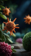 Detailed 3D rendering of orange virus cell with spiky surface floating among colorful microorganisms in dark microscopic environment, scientific visualization for medical research