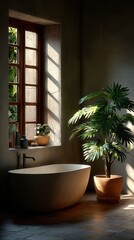 Serene minimalist bathroom with freestanding oval bathtub, potted palm plant, and wooden window casting dramatic shadows on dark walls in spa-like interior design setting
