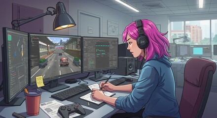 Game developer designs interactive experience at workstation inside modern office with multiple monitors