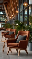 Elegant modern hotel lobby with brown leather armchairs, gray accent pillows, hanging pendant lights and tropical plants in contemporary interior design with floor-to-ceiling windows