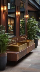 Elegant luxury restaurant washroom exterior with brass sink basins, warm wooden columns, decorative wall sconces, and tropical plants in upscale hospitality setting