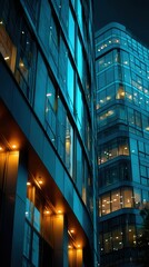 Dramatic modern glass skyscrapers illuminated with blue light at night showcasing contemporary corporate architecture in urban financial district with glowing windows and reflective surfaces