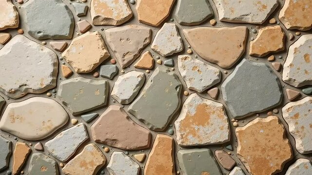 Rustic stone mosaic texture, natural flagstone wall pattern with earth tones, irregular rock masonry background for architectural design and landscaping