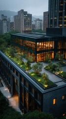 Serene twilight cityscape with illuminated modern building featuring rooftop garden terrace amid urban skyscrapers and distant mountains in Asian metropolitan area
