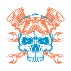 Skull in motorcycle goggles with wrenches and engine in the background. Vintage illustration. T-shirt design, emblem