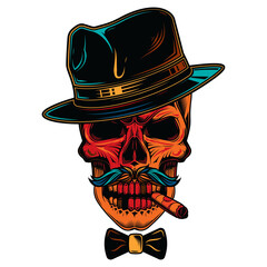Original illustration. Skull gangster with hat, moustache and cigar in mouth