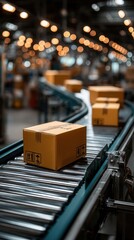 Atmospheric cardboard packages moving on conveyor belt in modern distribution warehouse with bokeh lights in background, showcasing automated logistics system in e-commerce fulfillment center