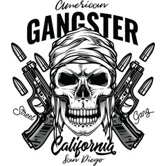 Original illustration in retro style. Bandit skull with two pistols in the background. T-shirt or sticker design.