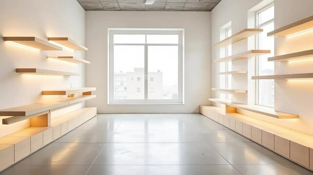 Minimalist modern interior with floating wooden shelves, bright empty showroom with warm LED lighting, contemporary retail store display background