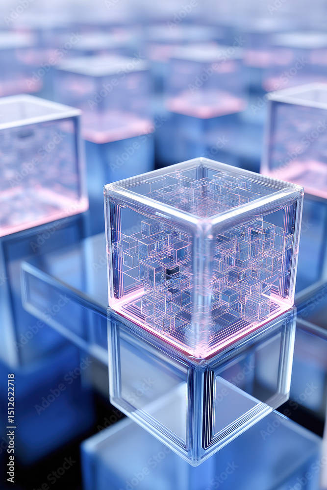 Fototapete A blue cube with pink and purple lights inside. The cube is surrounded by other cubes, creating a futuristic and technological atmosphere