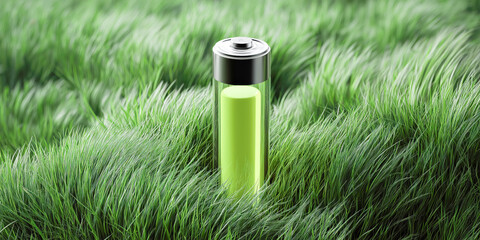 A battery is sitting on a green field. The battery is in the middle of the grass