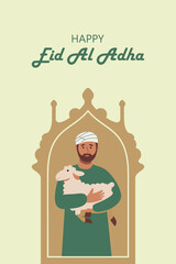 Eid al-Adha Vector with Muslim Man and Sheep Illustration. Flat vector illustration of a Muslim man holding a sheep for Eid al-Adha celebration. Perfect for Islamic holiday designs, cards, and posters
