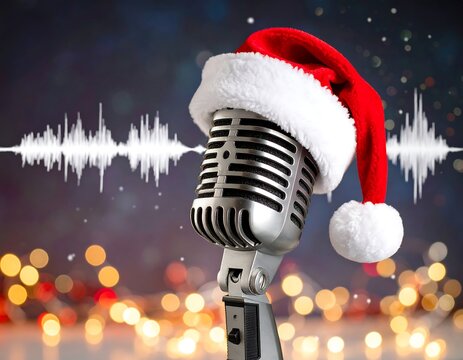 Vintage microphone with Santa hat. Christmas audio
