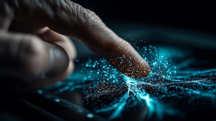 a close up shot shows a person's finger touching a dark surface