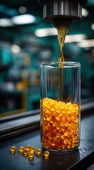 Detailed golden amber oil pouring from industrial machine nozzle into glass cylinder filled with translucent spherical beads in manufacturing facility with blurred teal background