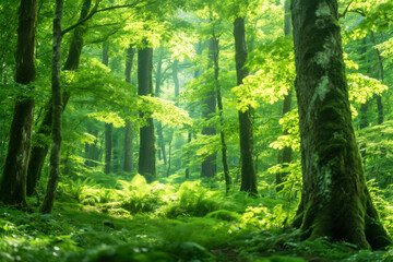 Fototapeta premium Vibrant Green Forest with Sunlit Trees and Lush Undergrowth