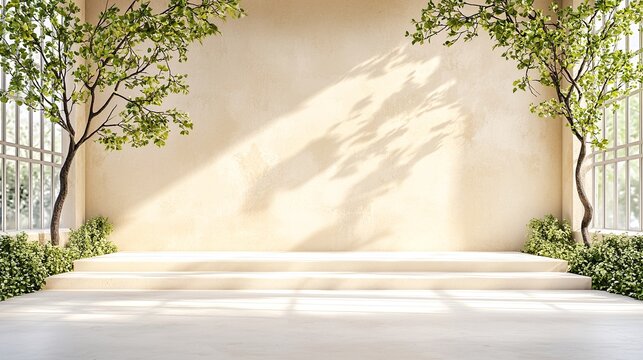 Fototapeta Beige Studio Background with Sunlight and Greenery