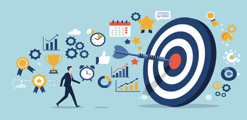 Goals setting, target achievement, focus on success outcome, planning to reach target bullseye, measurable result or clarity motivation concept,