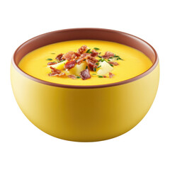 Bowl of creamy potato soup topped with crispy bacon bits, fresh herbs, and diced potatoes, served in vibrant yellow bowl, creating warm and inviting presentation