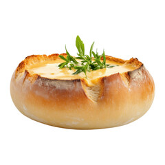 Rustic bread bowl filled with creamy cheese soup, garnished with fresh herbs, creating warm and indulgent presentation. Perfect for comfort food lovers