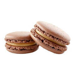 Two chocolate macarons with smooth caramel filling, showcasing delicate texture and rich flavor, perfect for dessert lovers and French pastry enthusiasts