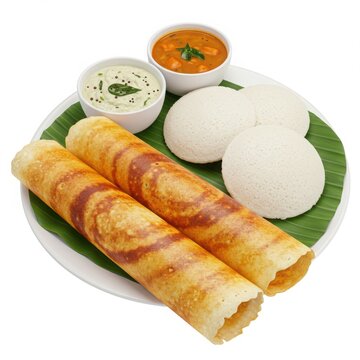 South indian breakfast dosa idli sambar chutney isolated on white background