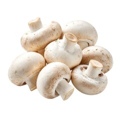 Studio shot of several white button mushrooms stacked and grouped together nicely