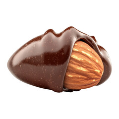 Glossy chocolate covered almond with smooth, shiny coating partially reveals textured almond inside, creating delicious and tempting visual