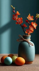 Elegant spring arrangement with vibrant orange cherry blossoms in teal ceramic vase tied with twine, colorful Easter eggs displayed on burlap surface against dark teal wall, seasonal home decor with