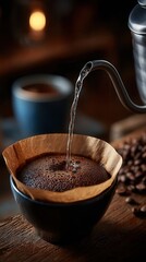 Aromatic pour-over coffee brewing with hot water stream flowing from silver kettle into filter cone with fresh grounds on rustic wooden table in cozy cafe atmosphere