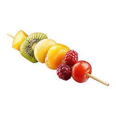 Colorful fruit skewer featuring vibrant slices of mango, kiwi, peach, raspberry, and cherry, arranged on wooden stick, creating fresh and appetizing display