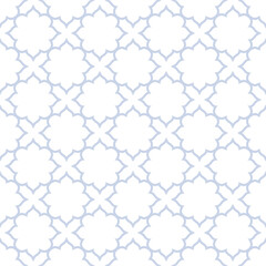 Fototapeta premium Vector abstract geometric seamless pattern in Arabesque style. Ornamental linear texture, floral lattice, mesh, grid. Traditional Islamic background. Delicate blue and white ornament. Repeated design
