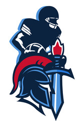 Football player silhouette in sky and navy blue holding a ball. At the base: a Greek warrior face with helmet and a battle dagger (daga), all in matching blue tones.