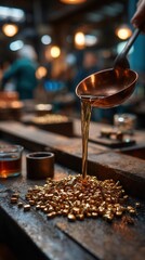 Skilled artisan pouring molten gold from copper ladle onto small gold nuggets in traditional jewelry workshop with warm ambient lighting and crafting tools in metalworking studio