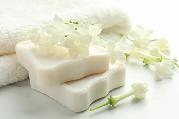 Bars of soap, jasmine flowers and towel on white marble table, closeup