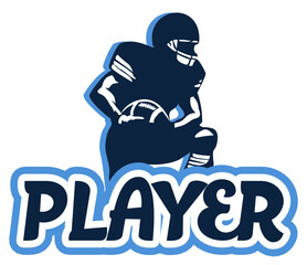 “Player” written in bold rounded letters with a football player leaning against the text. Two-tone vector design with lighter blue and navi blue, perfect for sports and football-themed graphics