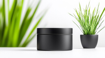 Black Matte Circular Tin Jar Mockup with Greenery