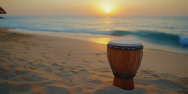 A djembe drum standing on sandy beach during sunset with ocean waves in the background