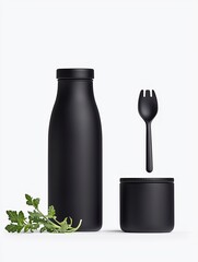 Black Reusable Bottle and Utensil Set Mockup