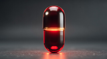 Glossy red capsule with inner glow standing upright on a dark textured surface, symbolizing futuristic medicine or digital energy.