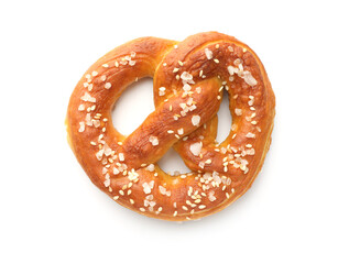 Tasty pretzel with salt isolated on white, top view
