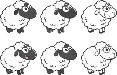 Playful Cartoon Sheep Collection Featuring Six Fluffy White Sheep with Black Faces, Varying Expressions and Poses in Grid Layout, set of sheep vector