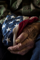 Patriotic embrace: Veteran's weathered hands cradle the stars and stripes, a symbol of service and unwavering dedication to country.