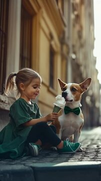 blonde girl in green attire sitting on the street eating an ice cream with her dog wearing a green bow, having fun in the company of her pet outdoors with love