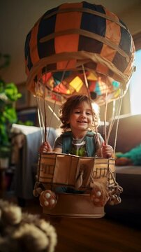 child playing with imagination in a hot air balloon, pretending to fly in a creative childhood vertical