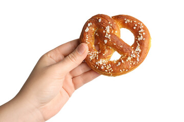 Woman with tasty pretzel on white background, closeup